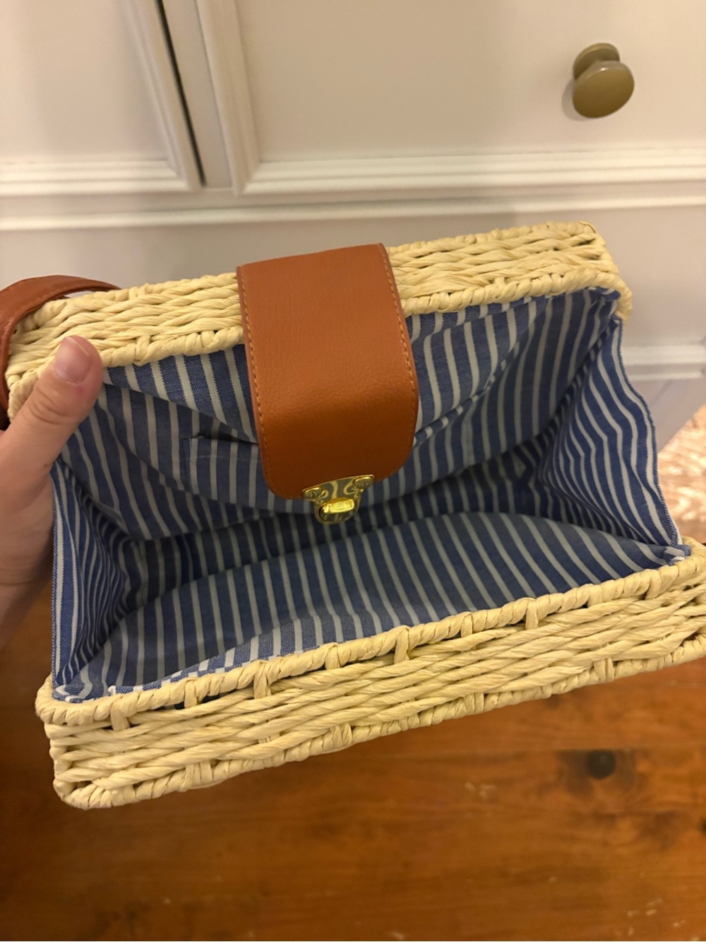 Woven Straw Crossbody Bag with Brown Leather Trim - Picture 2 of 3